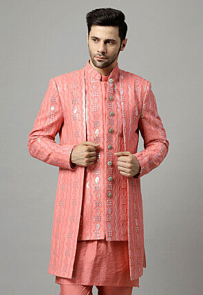 Embroidered Georgette Layered Jacket in Peach
