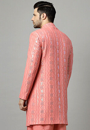 Embroidered Georgette Layered Jacket in Peach