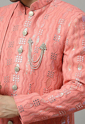 Embroidered Georgette Layered Jacket in Peach