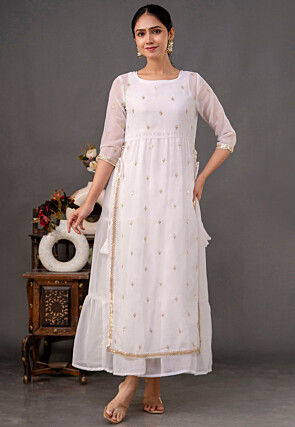 Embroidered Georgette Layered Kurta in Off White
