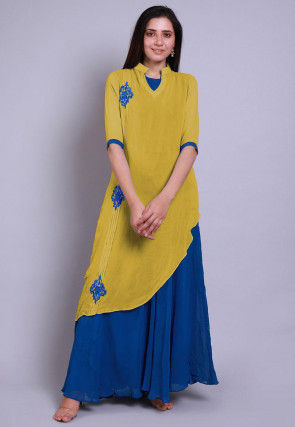 Embroidered Georgette Layered Kurta Set in Mustard and Teal Blue