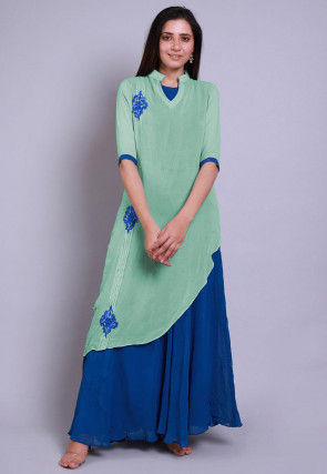 Solid Color Chanderi Cotton Anarkali Kurta Set in Navy Blue : TUC1799