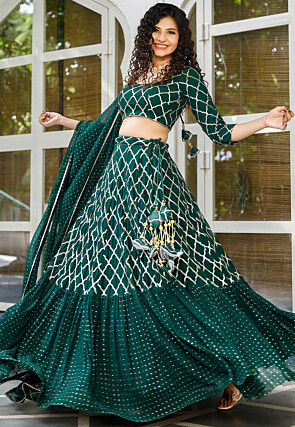 Embroidered Georgette Layered Lehenga in Dark Green