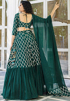 Embroidered Georgette Layered Lehenga in Dark Green