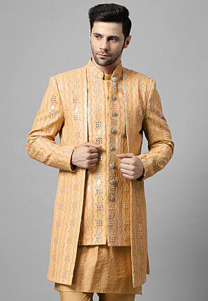 Embroidered Georgette Layered Long Jacket in Beige