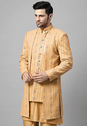 Embroidered Georgette Layered Long Jacket in Beige