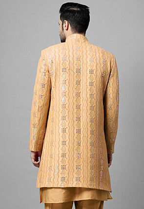 Embroidered Georgette Layered Long Jacket in Beige