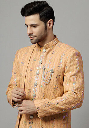 Embroidered Georgette Layered Long Jacket in Beige