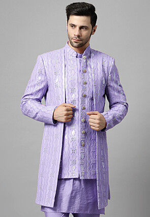 Embroidered Georgette Layered Long Jacket in Light Purple