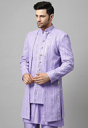 Embroidered Georgette Layered Long Jacket in Light Purple