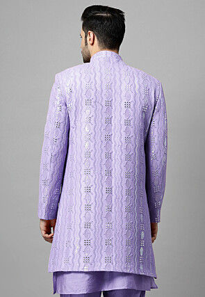 Embroidered Georgette Layered Long Jacket in Light Purple