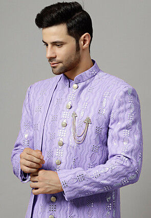 Embroidered Georgette Layered Long Jacket in Light Purple