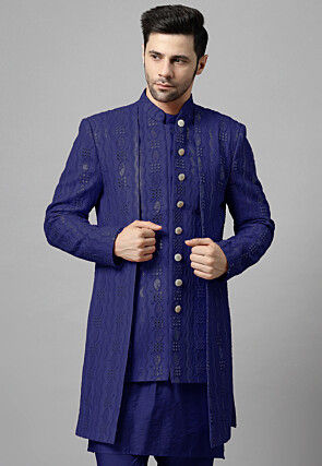 Embroidered Georgette Layered Long Jacket in Navy Blue