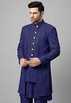 Embroidered Georgette Layered Long Jacket in Navy Blue