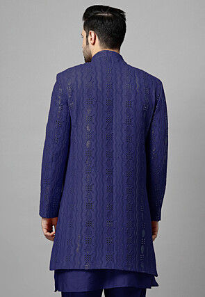 Embroidered Georgette Layered Long Jacket in Navy Blue