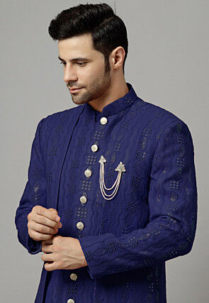 Embroidered Georgette Layered Long Jacket in Navy Blue