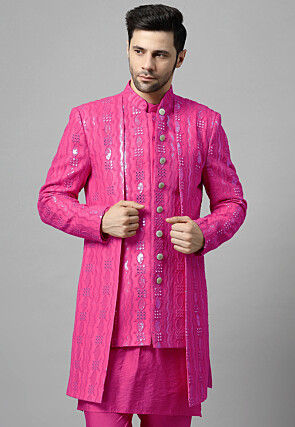 Embroidered Georgette Layered Long Jacket in Pink