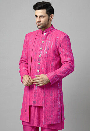 Embroidered Georgette Layered Long Jacket in Pink
