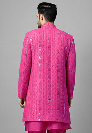 Embroidered Georgette Layered Long Jacket in Pink