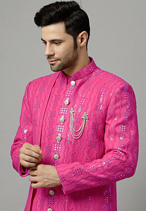 Embroidered Georgette Layered Long Jacket in Pink