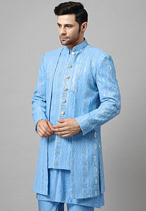 Embroidered Georgette Layered Long Jacket in Sky Blue