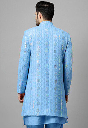 Embroidered Georgette Layered Long Jacket in Sky Blue