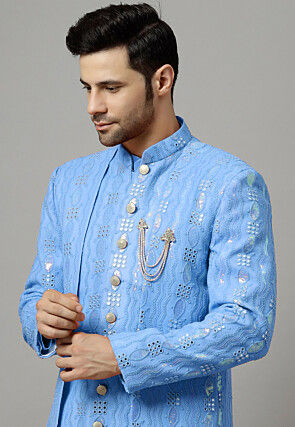 Embroidered Georgette Layered Long Jacket in Sky Blue