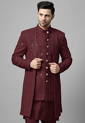 Embroidered Georgette Layered Long Jacket in Wine