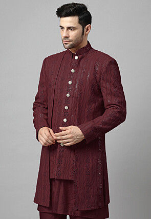 Embroidered Georgette Layered Long Jacket in Wine