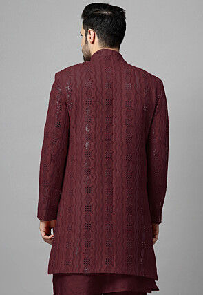 Embroidered Georgette Layered Long Jacket in Wine