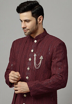 Embroidered Georgette Layered Long Jacket in Wine