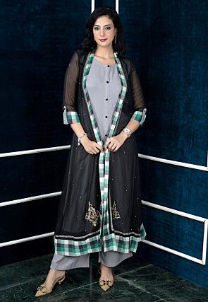 Embroidered Georgette Layered Long Kurta in Black and Grey