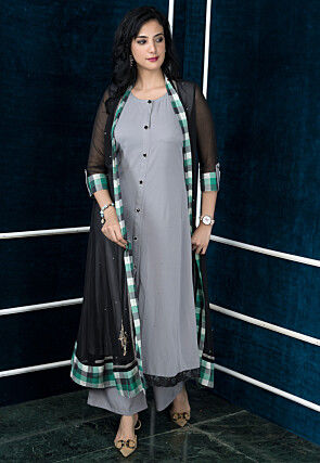 Embroidered Georgette Layered Long Kurta in Black and Grey