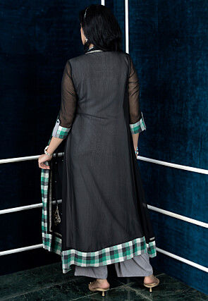 Embroidered Georgette Layered Long Kurta in Black and Grey