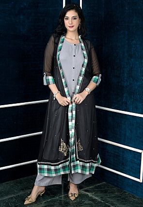 Embroidered Georgette Layered Long Kurta Set in Black and Grey