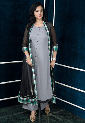 Embroidered Georgette Layered Long Kurta Set in Black and Grey