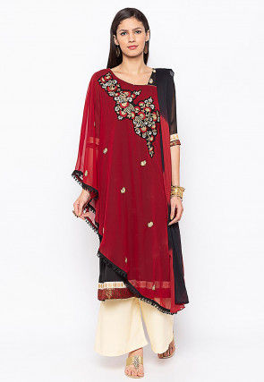 Embroidered Georgette Layered Pakistani Suit in Maroon and Black