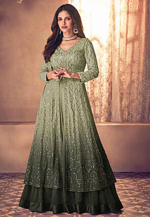 Embroidered Georgette Lehenga in Dusty Green Omber