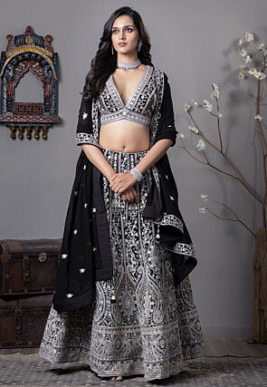 Embroidered Georgette Lehenga in Black