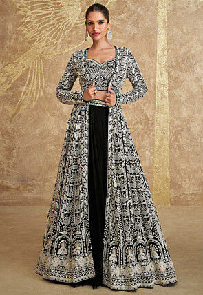 Embroidered Georgette Lehenga in Black