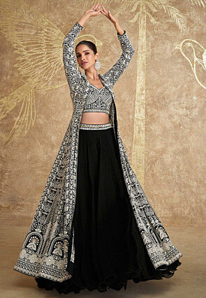Embroidered Georgette Lehenga in Black