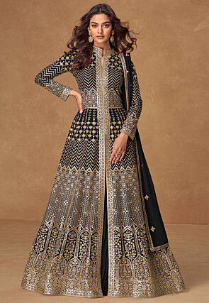 Embroidered Georgette Lehenga in Black