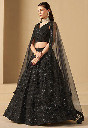 Embroidered Georgette Lehenga in Black