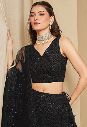 Embroidered Georgette Lehenga in Black