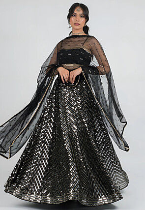 Embroidered Georgette Lehenga in Black