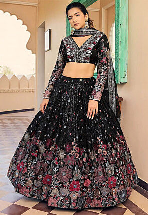Embroidered Georgette Lehenga in Black