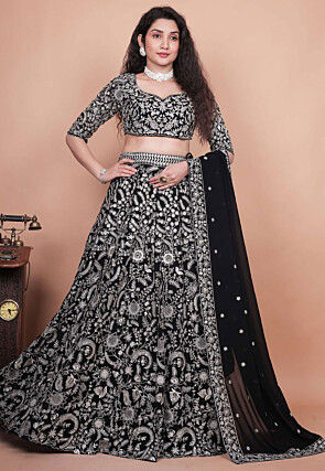 Embroidered Georgette Lehenga in Black