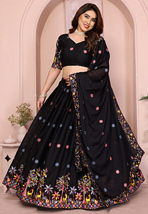 Embroidered Georgette Lehenga in Black