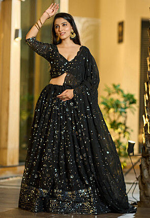 Embroidered Georgette Lehenga in Black