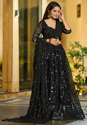 Embroidered Georgette Lehenga in Black